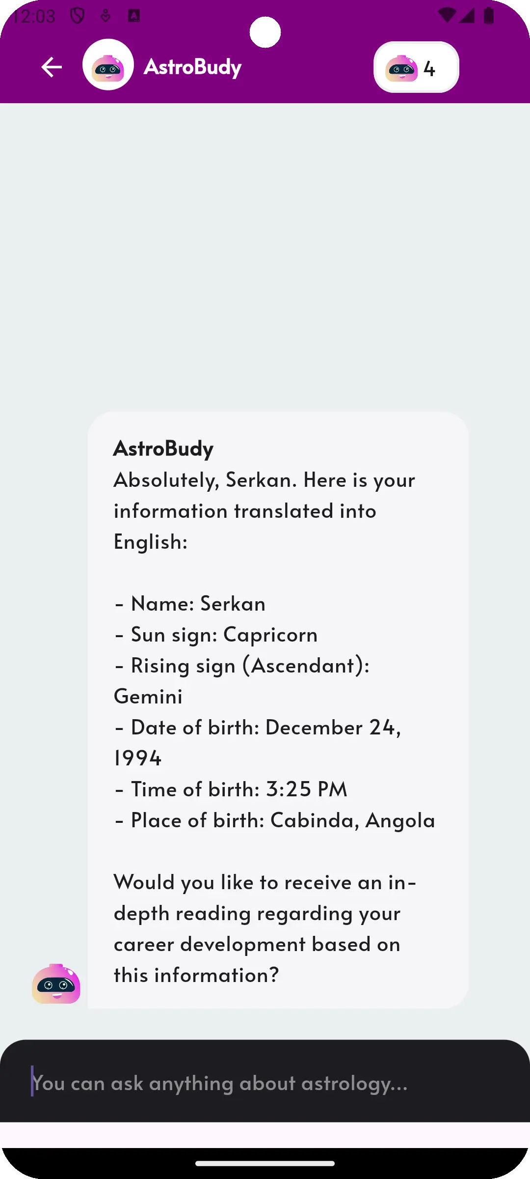 Screenshot of AstroBudy app